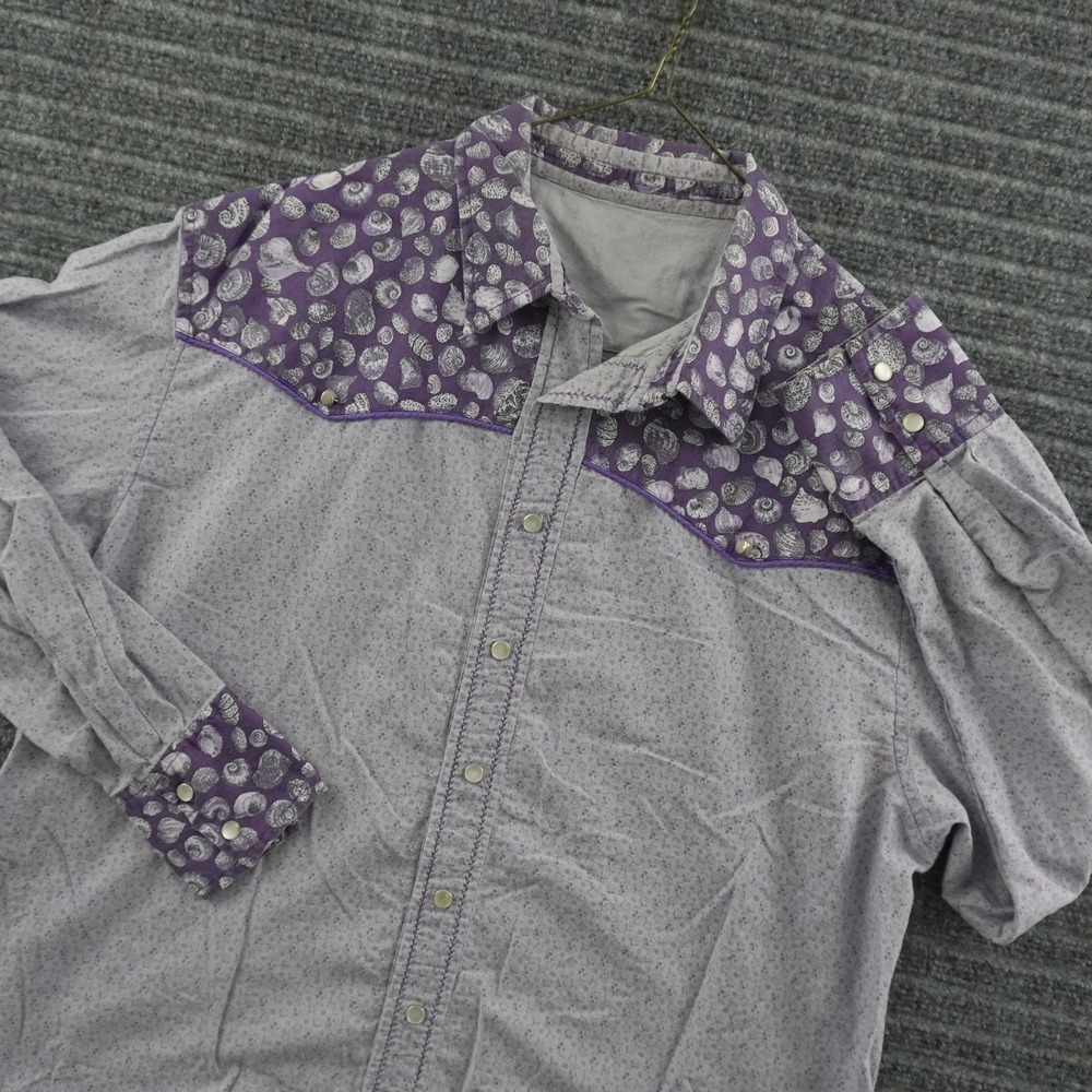 Vintage 80s Western Snap Button Shirt Mens L Purple Seashell Floral Mixed Print